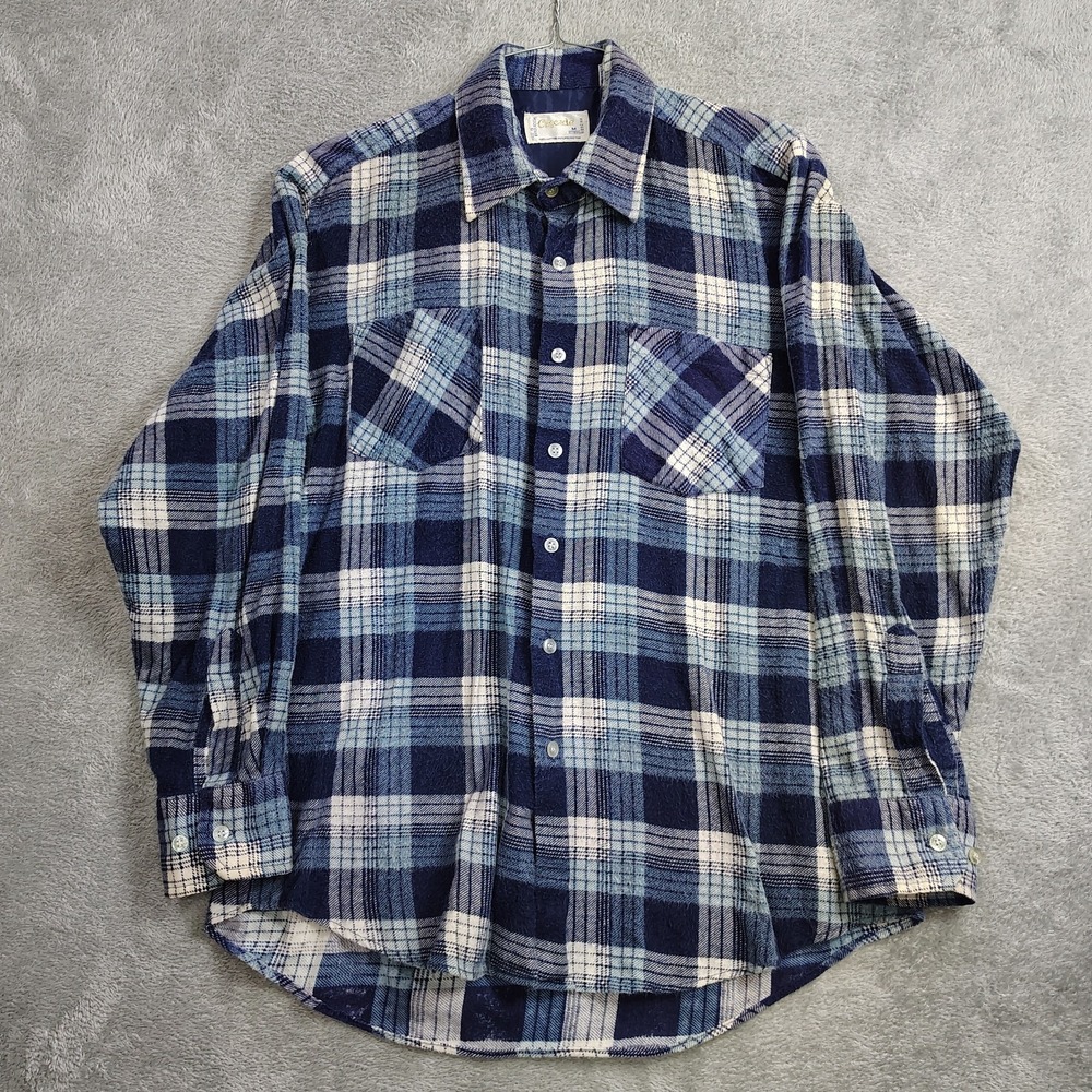 Cascade Vtg Flannel‎ Shirt 1970's Mens Medium Blue Plaid Cotton Blend Button Up